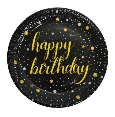 Хартиена чинийка Happy Birthday черна със злато, 23 см 8 бр. опаковка