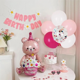 Комплект фолиев и латексови балони Мече момиче, "Happy Birthday" с включена стойка /8 броя/ /Km/