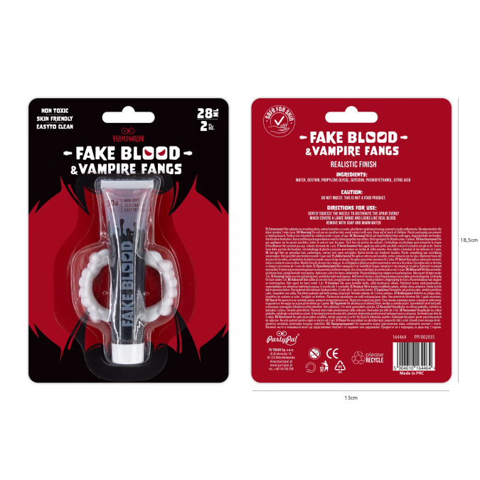 Фалшива кръв 30 мл + вампирски зъби Хелоуин / комплект /Pp/