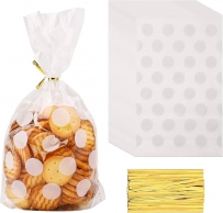 Подаръчни торбички целофан, бели точки и златни връзки, 27х12,5см, 50бр. /Pe/