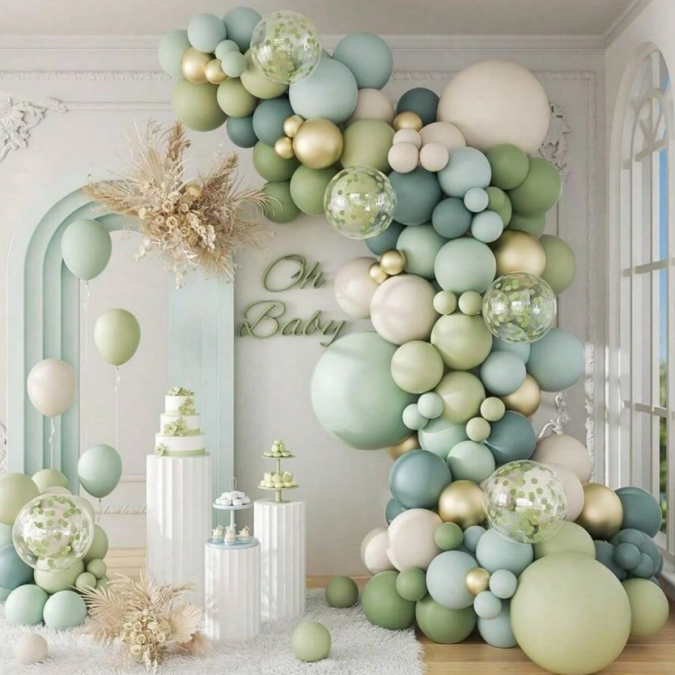 Комплект за арка 147 бр. балони в зелено мента, нежно синьо, бяло и златно хром /Ch/