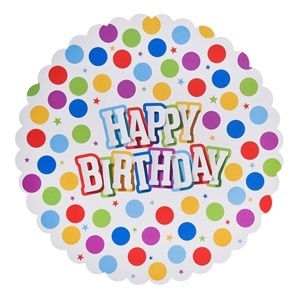 Поднос, подложка за торта, шарени точки с текст Happy Birthday, 29,0 см диаметър /Mb/