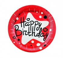Хартиена парти чинийка Happy Birthday, червена фолио 23 см, 10 бр. в пакет /Km/