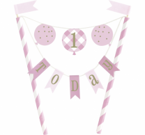 Декорация за торта Първи рожден ден в розово райе / Cake Topper First Birthday Gingham /Gd/