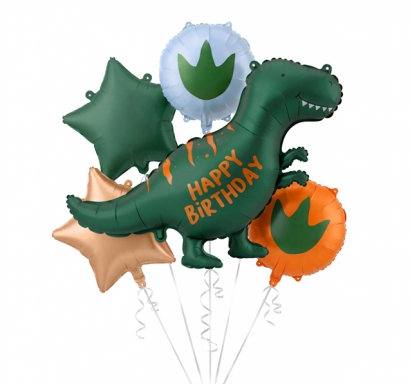 Комплект 5 бр. фолиеви балони Динозавър Happy Birthday в зелено и оранжево /Pd/