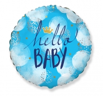 Фолиев балон с текст Hello Baby, бебе момче, 45 см диаметър