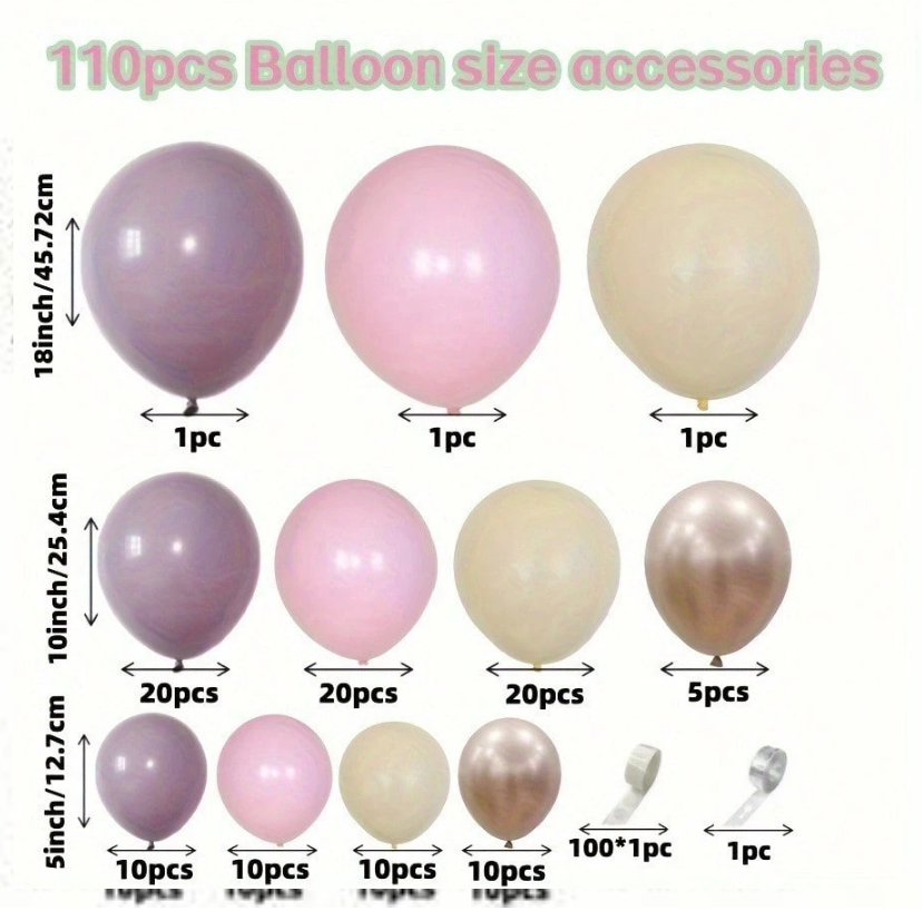 Комплект за арка 110 бр. балони в лилаво, розово, лате и злато хром /Ch/