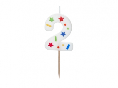 Свещичка цвят бял с конфети, цифра 2 /Pd/