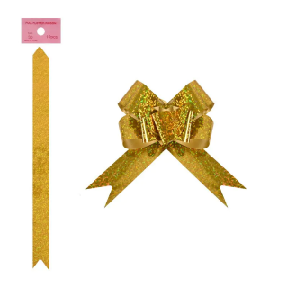 Панделка холограмна лента за подаръци с издърпване, цвят злато /Km/