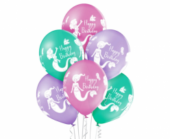 Комплект 6 бр. премиум балони с печат Русалка Happy Birthday / Mermaid, микс пастелни цветове Belbal /Gd/