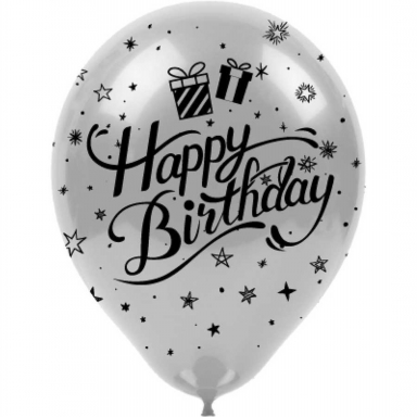 Балон Happy Birthday, 30 см, сребърен с печат, 6 бр. в пакет