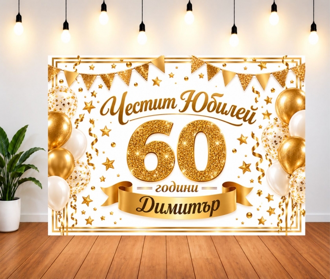 Винил за фон на рожден ден, юбилей, в бяло и златно, размер 100х70см