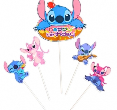 Топер за мъфини и торта Стич и Ейнджъл, 5 брoя /Pe/
