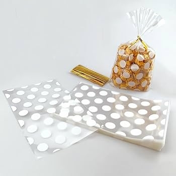 Подаръчни торбички целофан, бели точки и златни връзки, 27х12,5см, 50бр. /Pe/