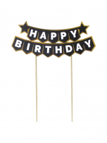 Декорация за торта с текст Happy Birthday в черно и златно, 18х22см /Tr/