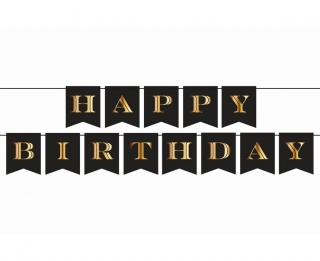 Банер гирлянд Happy Birthday, цвят черен със златни блестящи букви /Gd/