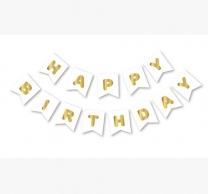 Банер гирлянд Happy Birthday, цвят бял със златни блестящи букви, /Tr/