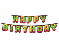 Банер гирлянд Майнкрафт / Game On, с текст Happy Birthday, 1,6 м дължина /Gd/