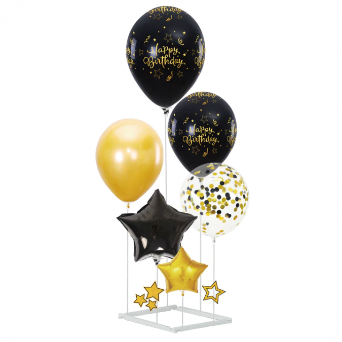 Комплект балони Happy Birthday в черни и златни цветове, с включена стойка  /Pp/