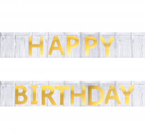 Банер Happy Birthday, сребърни ресни и златни букви /Pp/