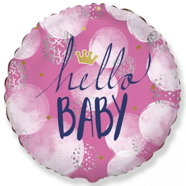 Фолиев балон с текст Hello Baby, бебе момиче, 45 см диаметър
