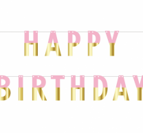 Банер гирлянд за декорация с текст Happy  Birthday / Рожден ден, 1,60 м дължина, цвят розов и злато /Gd/