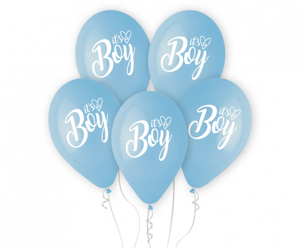 Комплект 5 бр. премиум балони, цвят син пастел с печат It's a Boy, бебе момче/ /Gd/
