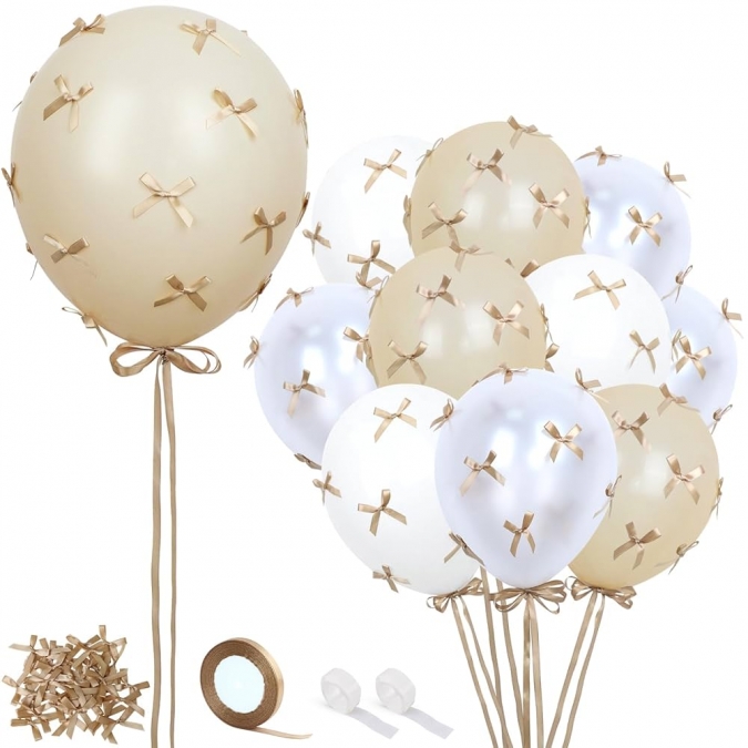 Комплект 41 бр. балони в лате, бяло и шампанско с панделки /Pe/