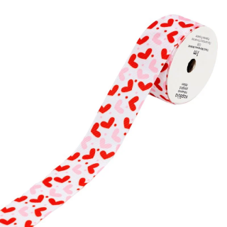 Сатенена лента, сърца в розово и червено, 1.0мх2,5см /Mb/