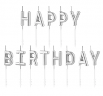 Свещички букви за рожден ден с текст Happy Birthday, сребърни /Pp/