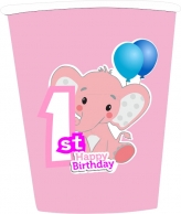 Хартиена парти чашка 250 мл Слонче Първи рожден ден момиче цвят розов бебе/ First Birthday Elephant, 8 бр. в опаковка